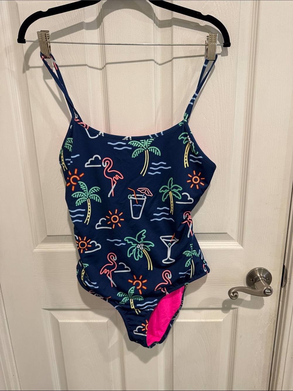 chubbies Navy One-Piece Swimsuit with Neon Tropical Print